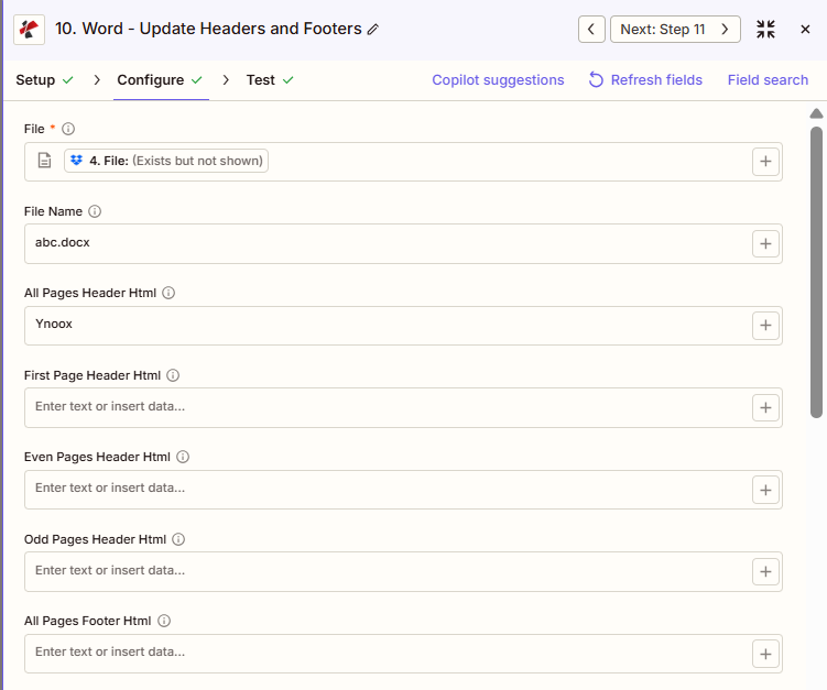 Zum Vergrößern bitte anklicken PDF4me Update Headers Footers Word Zapier - Datei, Dateiname, Header (HTML) für alle Seiten, Header (HTML) für die erste Seite, Header (HTML) für gerade Seiten, Header (HTML) für ungerade Seiten